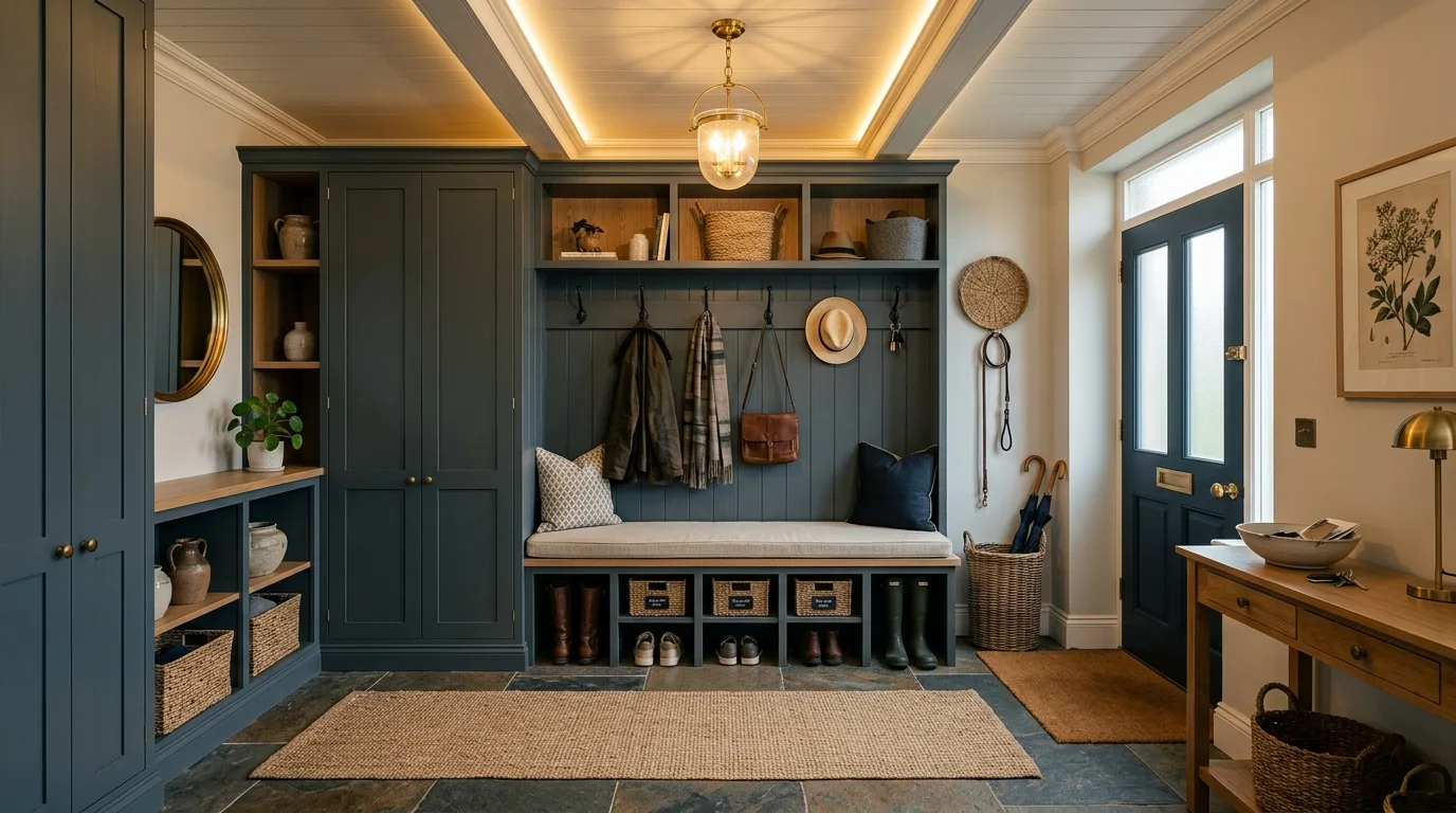 Add a runner or mat that supports both function and style inspiration for a mudroom entryway.